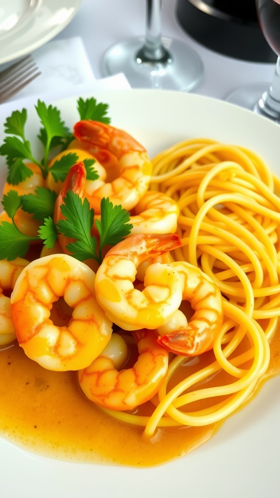 Garlic butter shrimp on a plate with pasta, garnished with parsley for a romantic dinner.